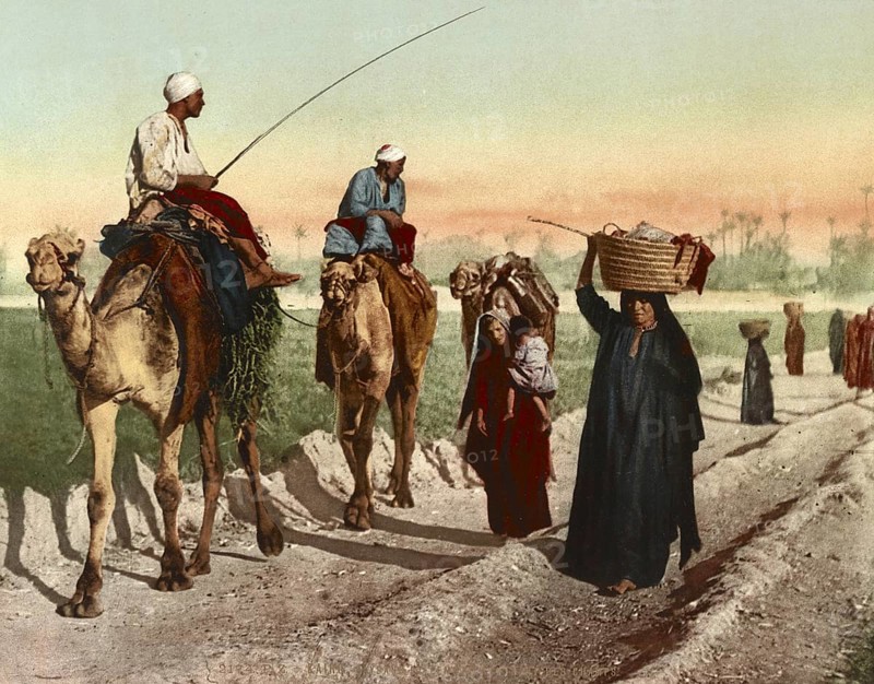 Cairo, farmers and woman on their way home from the fields, Egypt, digitally restored reproduction from a 19th century original, record date not stated, Cairo, farmers and woman on their way home from the fields, Egypt, digitally restored reproduction from a 19th century original, record date not stated, Africa