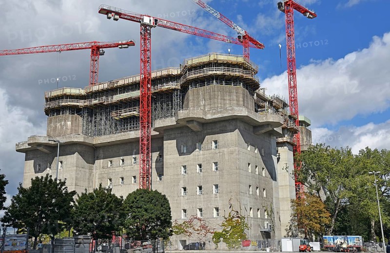 Europe, Germany, Hanseatic City of Hamburg, St. Pauli, former bunker on Feldstrasse, construction work, conversion and extension to a hotel and event centre, exterior design to create a green bunker, opening 2024, Europe