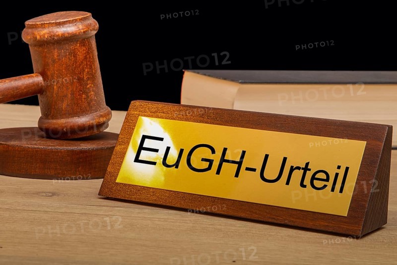 Symbolic image ECJ (European Court of Justice) : Judge's gavel next to a brass plate with the inscription ECJ JUDGMENT (Composing)