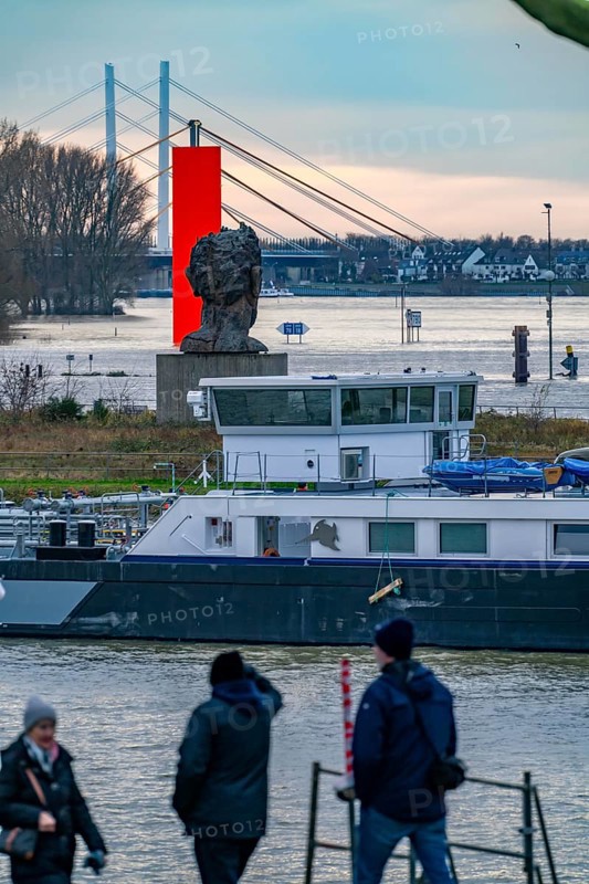 Flood on the Rhine near Duisburg, freighter in the Vincke Canal, Neuenkamp Rhine Bridge, old and new construction, landmark Rhine Orange, washed by the flood, sculpture The Echo of Poseidon, on Mercator Island, washed by the flood, North Rhine-Westphalia, Germany, Europe