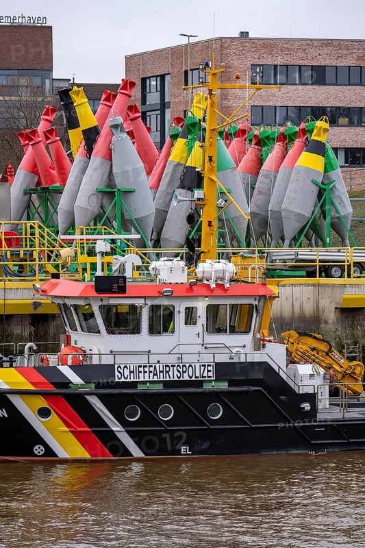 Bremerhaven buoy yard, where the navigation signs for the Outer Weser are maintained and deployed, belongs to the Weser-Jade-North Sea Waterways and Shipping Office, working and measuring vessels of the WSV, Federal Waterways and Shipping Administration, Bremen, Germany, Europe