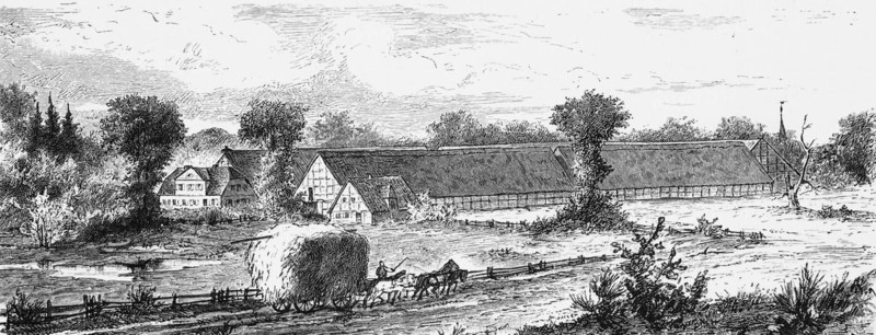 Farm with farm buildings, Mecklenburg-Western Pomerania, Germany, manor house, long house, half-timbered house, fields, hay, harvest, horse-drawn carriage, rural, historical illustration 1880, Europe