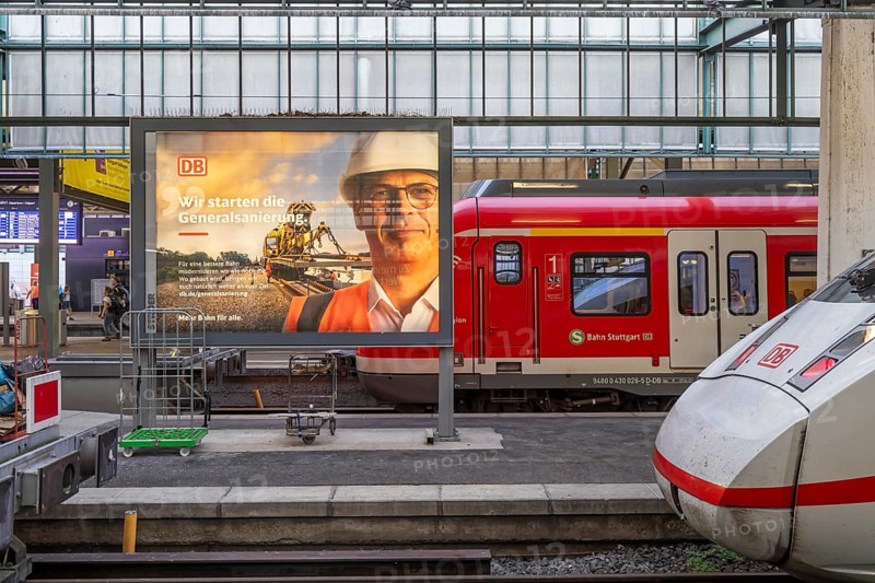 We are starting the general refurbishment. Deutsche Bahn AG announces refurbishment work on a large poster. Stuttgart Central Station, Baden-Württemberg, Germany, Europe