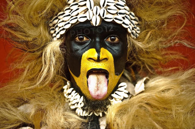 Portrait of a Zimba performer Gambia . Zimba dancers dress like a lion. While performing, they imitate the behaviour of the feline, symbol of power, courage and loyalty