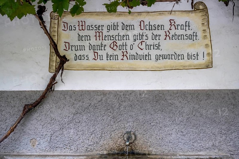 An old plaque on a wall with a proverb about a water fountain and a grapevine, St. Oswald, South Tyrol, Italy, Europe