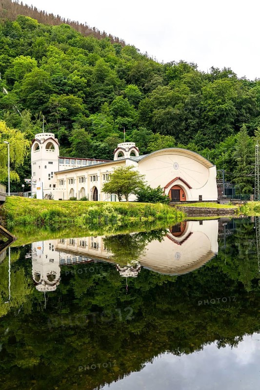 The historic Heimbach power station, at the Rur reservoir, hydroelectric power plant power station, Heimbach, North Rhine-Westphalia, Germany, Europe