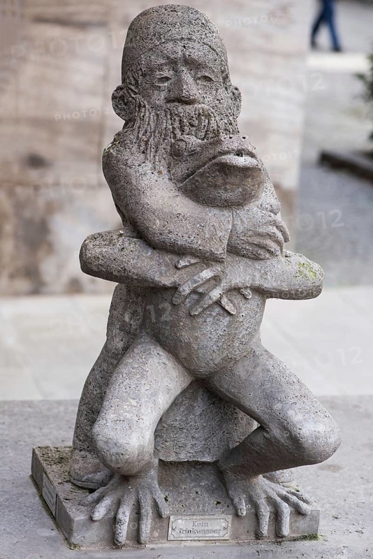 Frog rider, stone sculpture on the Old Main Bridge by sculptor Richard Rother, Kitzingen, Lower Franconia, Bavaria, Germany, Europe