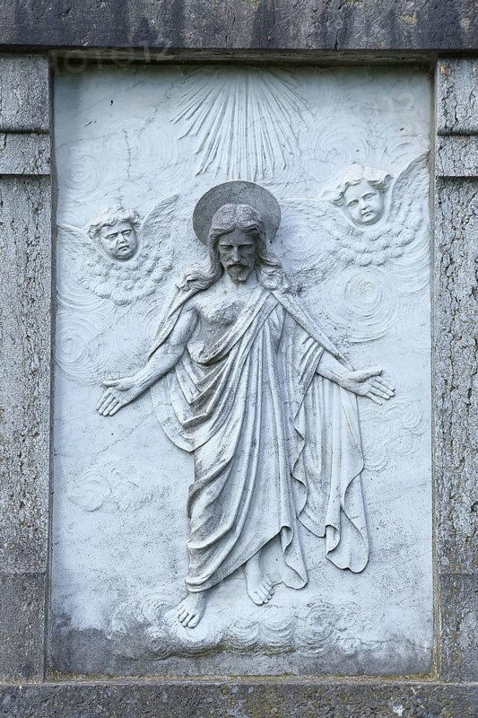 Natural stone relief with Christ figure in a cemetery, stonemasonry, artwork, Bavaria, Germany, Europe