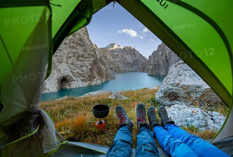 Wild camping, camping in the wilderness with a tent, Kol Suu mountain lake, Sary Beles Mountains, Naryn Province, Kyrgyzstan, Asia
