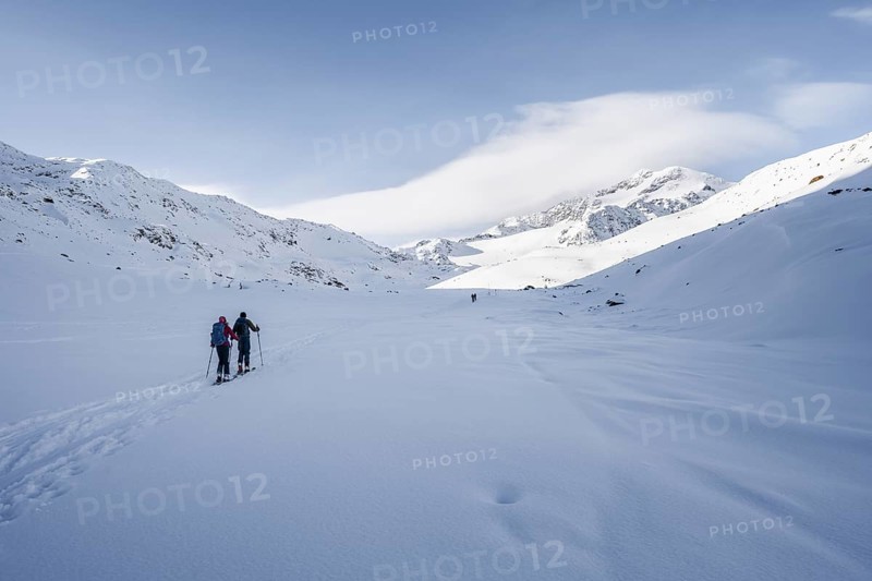 Two ski tourers ascending in fresh snow, snow-covered mountain peak Monte Cevedale in the background, wintry mountain landscape, Ortler Alps, Vinschgau Valley, Italy, Europe