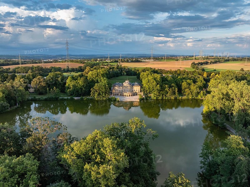 Monrepos Lake Castle reflected in Lake Eglosheim, aerial view, Ludwigsburg, Baden-Württemberg, Germany, Europe
