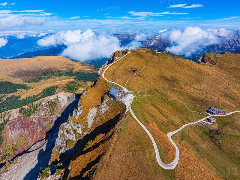 The summit station of the Seceda cable car, Sofie hut, drone shot, Val Gardena, Dolomites, Autonomous Province of Bolzano, South Tyrol, Italy, Europe