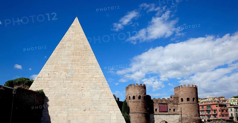 Pyramid of Cestius, Pyramid of Caius Cestius, Piramide Cestia, Piramide di Caio Cestio, tomb of the Roman praetor and tribune Gaius Cestius Epulo and Porta San Paolo, city gate of the Aurelian Wall, Rome, Italy, Europe