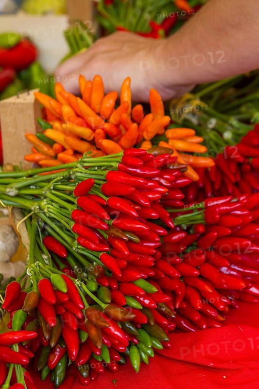 Fresh red, orange and green chilli peppers are offered at a market, accompanied by a grasping hand, Venice, Italy, Europe