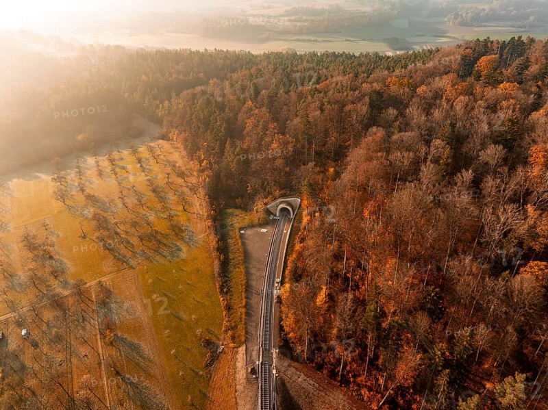 Autumnal aerial view of a forest crossed by tracks and a tunnel in soft sunlight, Weil der Stadt. Germany
