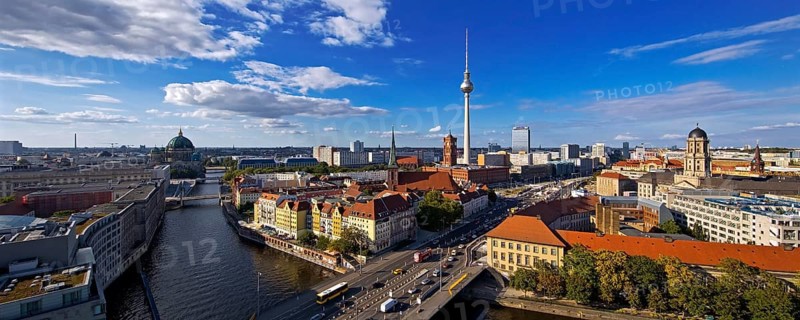 City panorama with Spree, Cathedral, Nikolai Quarter, Red Town Hall, TV Tower and Old Town House, Berlin-Mitte, Berlin, Germany, Europe