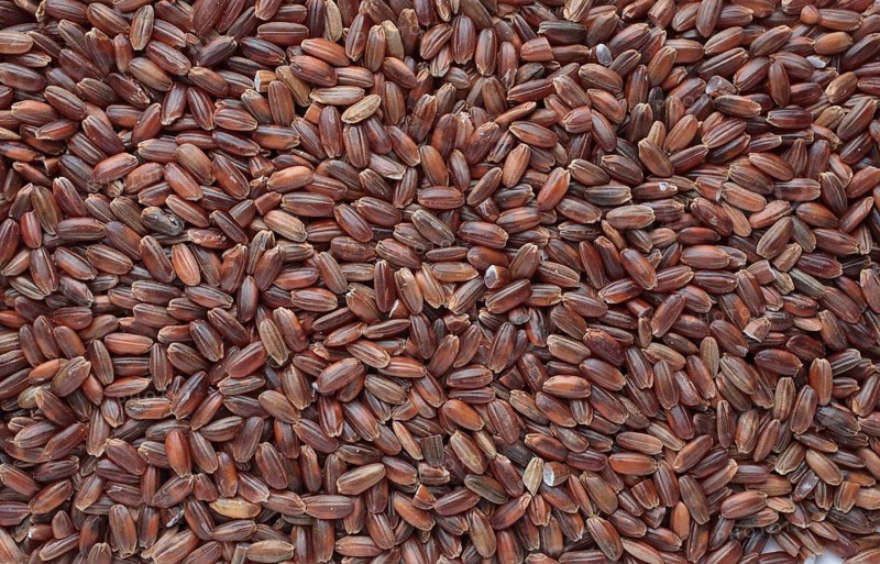 Red rice, Camargue rice from France, rice variety with a red bran layer, usually offered as brown rice, wholemeal product, the rice gets its red colour from the anthocyanin content in its bran layer