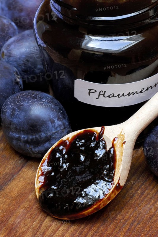 Plum jam in jar and plums, plum, plum plum, plum plum, plum, spoon, wooden spoon
