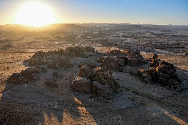 Rock landscape at Jabal Ithlib, blue hour, aerial view, Hegra or Mada'in Salih, AlUla region, Medina province, Saudi Arabia, Arabian Peninsula, Asia