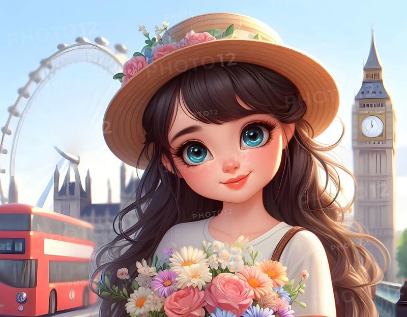 Cute anime girl on bicycle with flowers in the city of London. AI generated