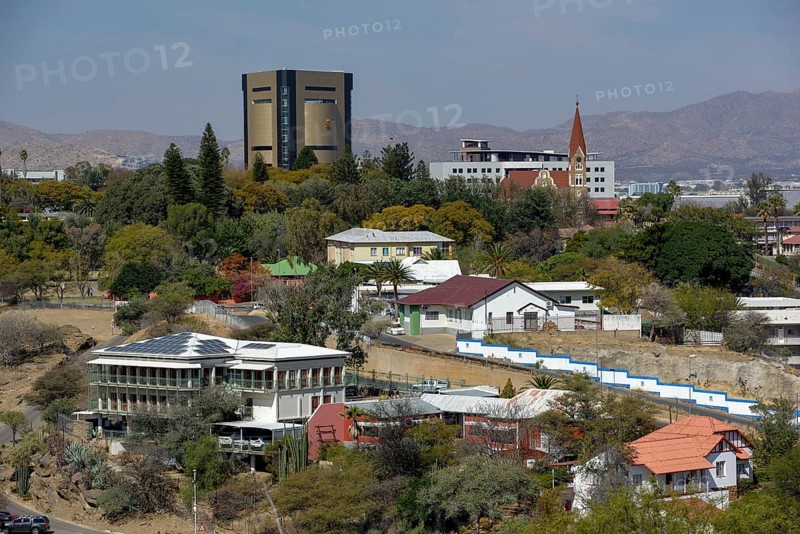 View of the city from Lover's Hill, Independence Museum and Christuskirche, Windhoek, Khomas Region, Namibia, Africa