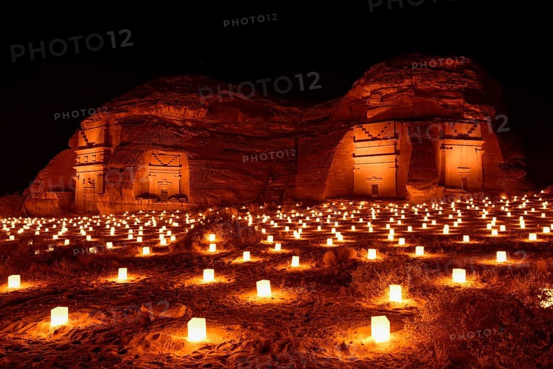 Illuminated Nabataean tombs at night, Hegra or Mada'in Salih, AlUla region, Medina province, Saudi Arabia, Arabian Peninsula, Asia