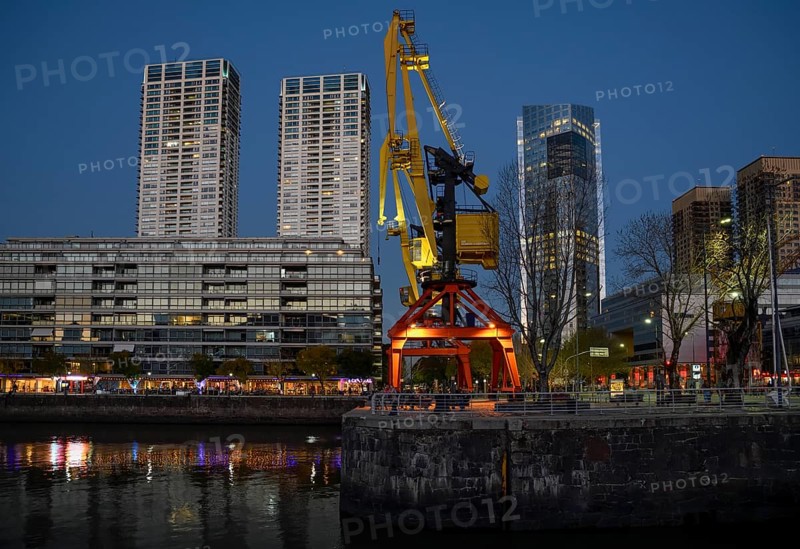 Cranes in the harbour district of Puerto Madero in evening light, Buenos Aires, Argentina, South America