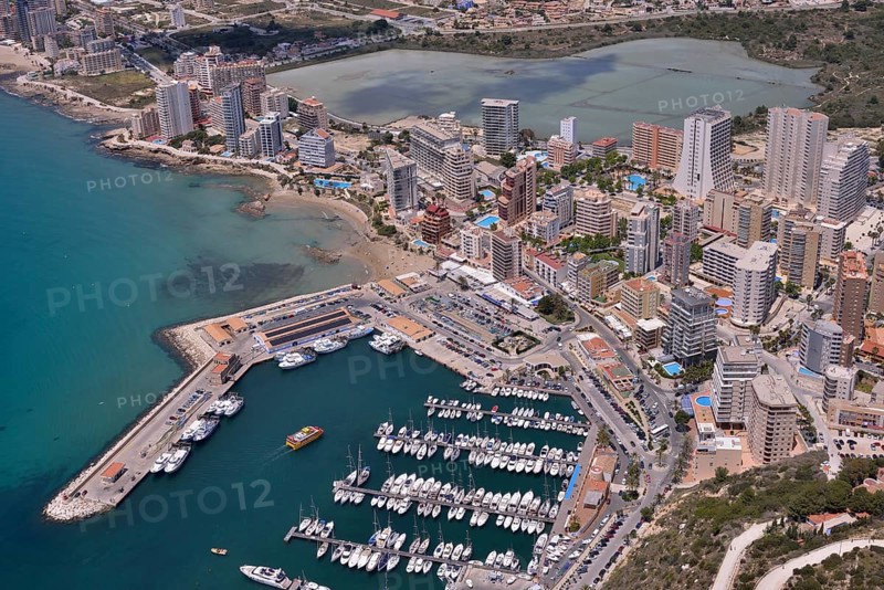 Harbour of Calp from the rock Peñón de Ifach or Penyal d’Ifac, Costa Blanca, Calp, Costa Blanca, Alicante province, Spain, Europe