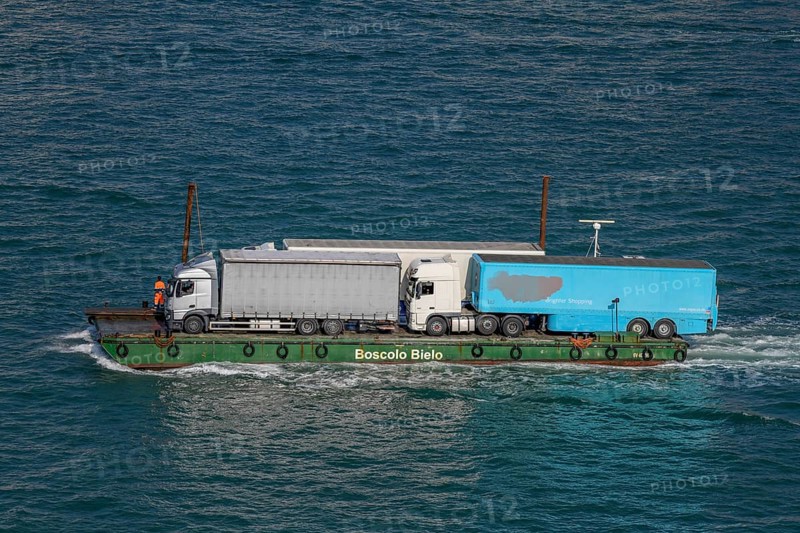 Ferry with truck on the Grand Canal, San Marco district, Venice, Veneto region, Italy, Europe