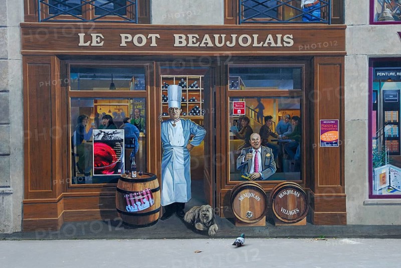 Mural painting by the artist group CiteCreation, Fresque des Lyonnais, Bocuse and Pot Beaujolais, district Les Etats-Unies, 8th arrondissement, Lyon, Rhone-Alpes, France, Europe
