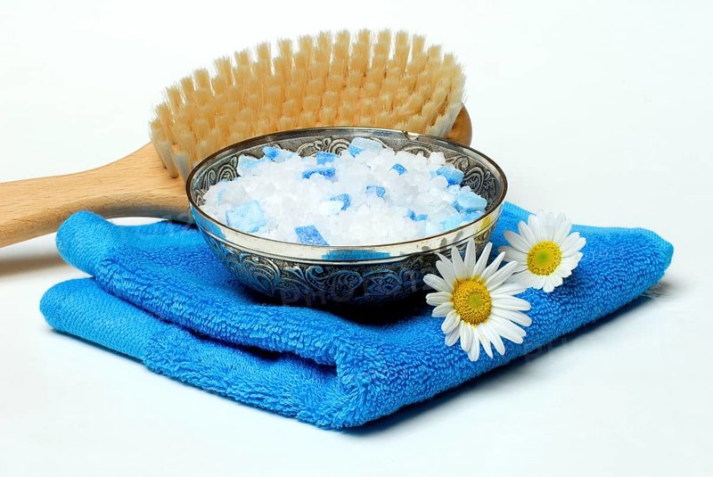 Bath salt, towel, bath brush