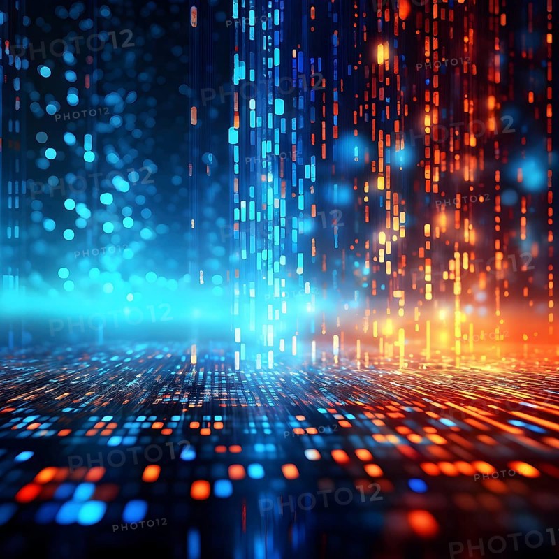 Binary code cascading down like digital rain, representing data insights, vibrant hues, AI generated