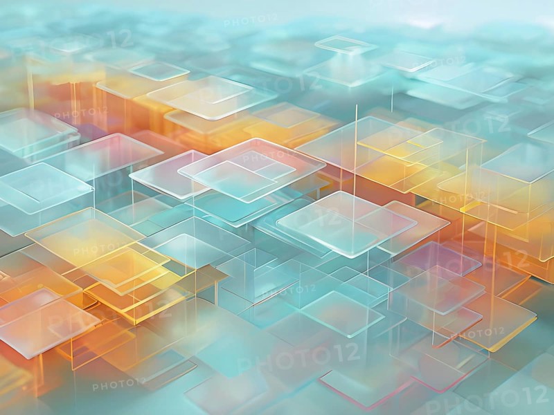 Layers of translucent squares moving in a synchronized flow, resembling dynamic data visualization, AI generated