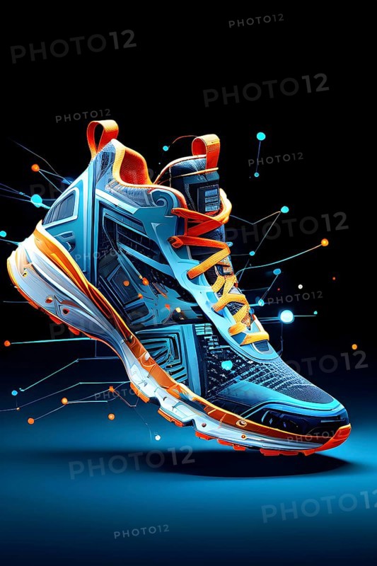 Running shoe, breaking into pixels and data points, morphing into a network of neural nodes, vibrant blue and orange hues, AI generated