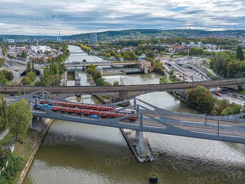 Load test on the Neckar Bridge, aerial view. Due to the unusual design, dimensional checks are mandatory in front of the bridge is opened to trains. Two goods trains with a combined weight of 960 tonnes load the 345-metre-long bridge over the Neckar. The bridge is part of the major Stuttgart 21 project. Stuttgart, Baden-Württemberg, Germany, Europe