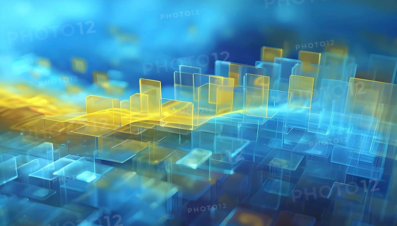Layers of translucent squares moving in a synchronized flow, resembling dynamic data visualization, AI generated