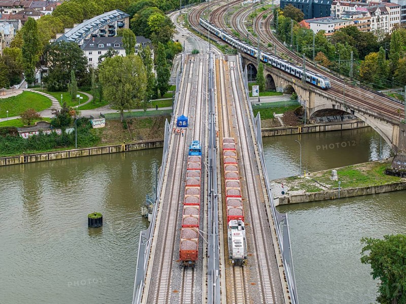 Load test on the Neckar Bridge, aerial view. Due to the unusual design, dimensional checks are mandatory in front of the bridge is opened to trains. Two goods trains with a combined weight of 960 tonnes load the 345-metre-long bridge over the Neckar. The bridge is part of the major Stuttgart 21 project. Stuttgart, Baden-Württemberg, Germany, Europe