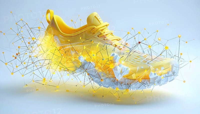 Running shoe, breaking into pixels and data points, morphing into a network of neural nodes, vibrant yellow hues, AI generated