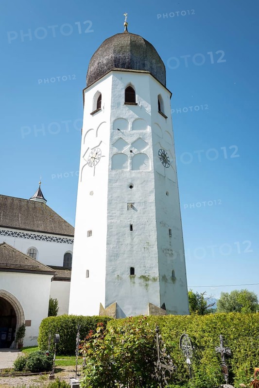 Bell tower of the Frauenwörth monastery church and Mesnerhäusl, Fraueninsel, Chiemsee, Bavaria, GermanyFraueninsel, church tower