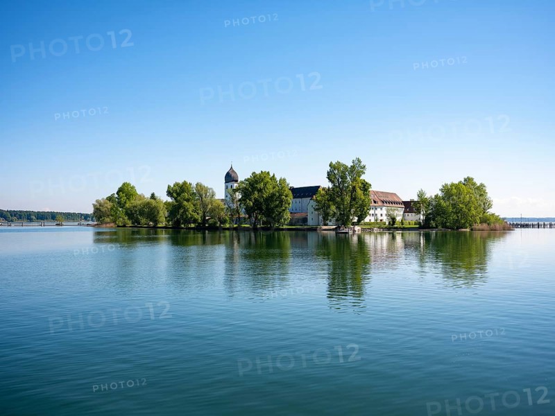 View of the Fraueninsel from the ship, Chiemsee, Bavaria, Germany, Europe