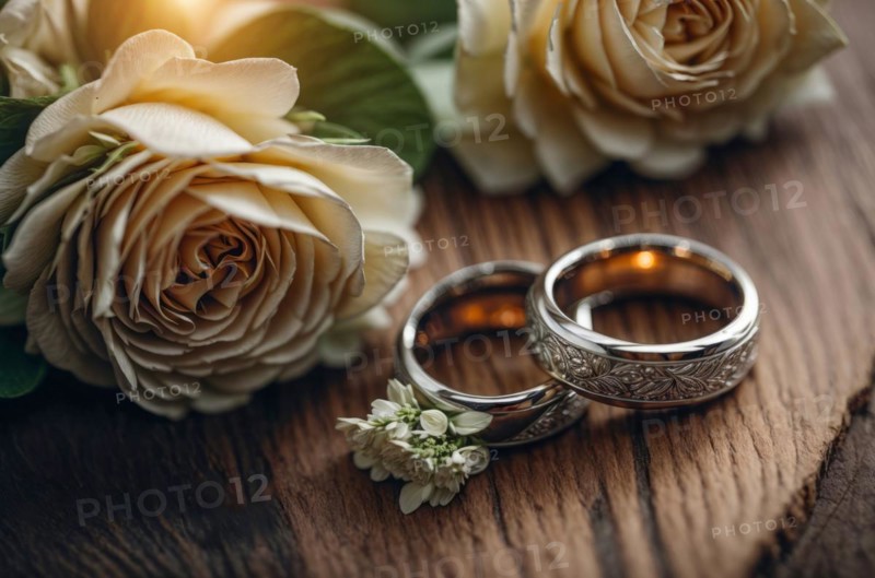Diamond wedding rings jewelry and flowers bouquet for the wedding engagement and honeymoon, AI generated