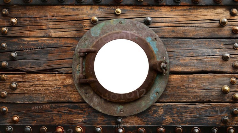 Vintage aged brass ship porthole mounted on a wooden hull with a white background. generative AI, AI generated