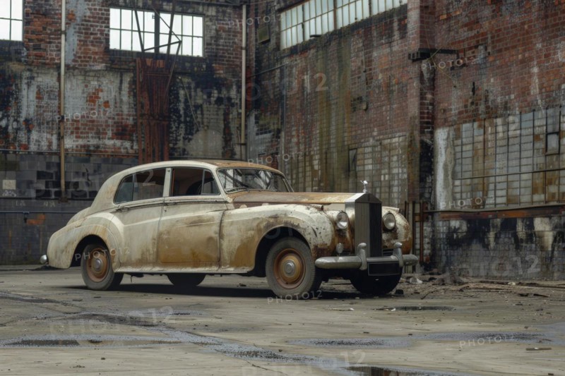 An old, weathered and dusty British classic car, wreck, of the type Rolls Royce Silver Cloud from the 1960s stands in an old factory building, symbolic image for restoration, repair, restoration of historical cultural assets, AI generated, AI generated, AI generated