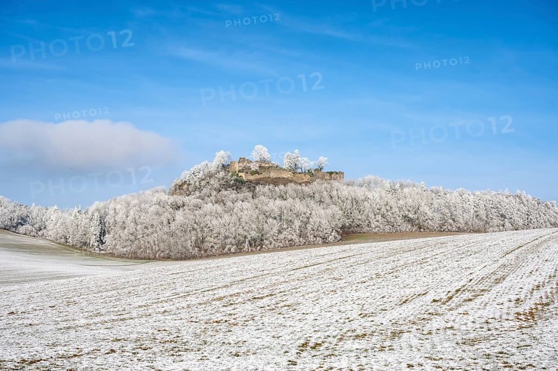 The Mägdeberg with castle ruins in winter, with hoarfrost, District of Constance, Baden-Württemberg, Germany, Europe
