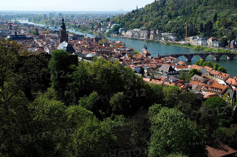 View from Atlan to Heidelberg with Neckar Jesuit Church on the right the Old Bridge, Castle Courtyard, Heidelberg, Baden-Württemberg, Germany, Europe