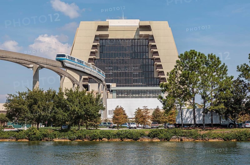 Electric monorail train leaving the Contemporary Hotel in Walt Disney World, Orlando, Florida, USA, United States of America, North America