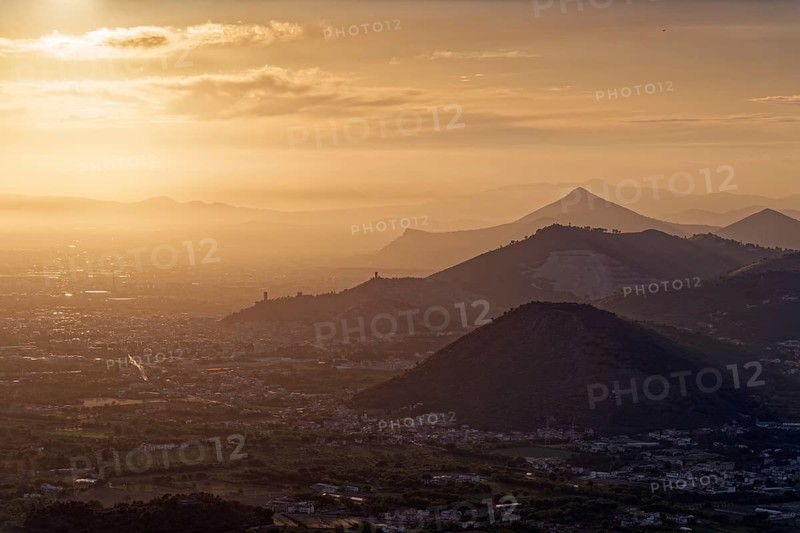 View of the densely populated Neapolitan region in the hazy evening light. San Felice a Cancello, Caserta, Campania, Italy, Southern Europe, Europe