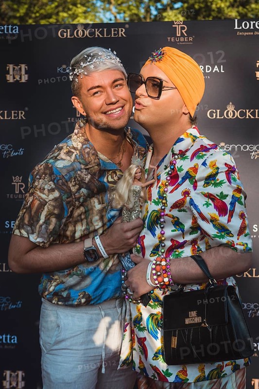 Julian F.M. Stöckel and Marcell Damaschke at the first Fashion Night with Harald Glööckler for his new fashion collection Teuber by HARALD GLÖÖCKLER at Loretta am Wannsee in Berlin on 28 June 2024