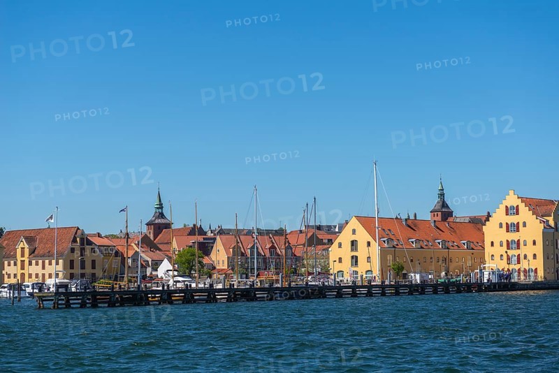 Maritime Svendborg, cityscape, marina, pier, church towers, historic buildings at the museum harbour, Great Belt, Baltic Sea, Fyn, Fyn Island, Denmark, Europe