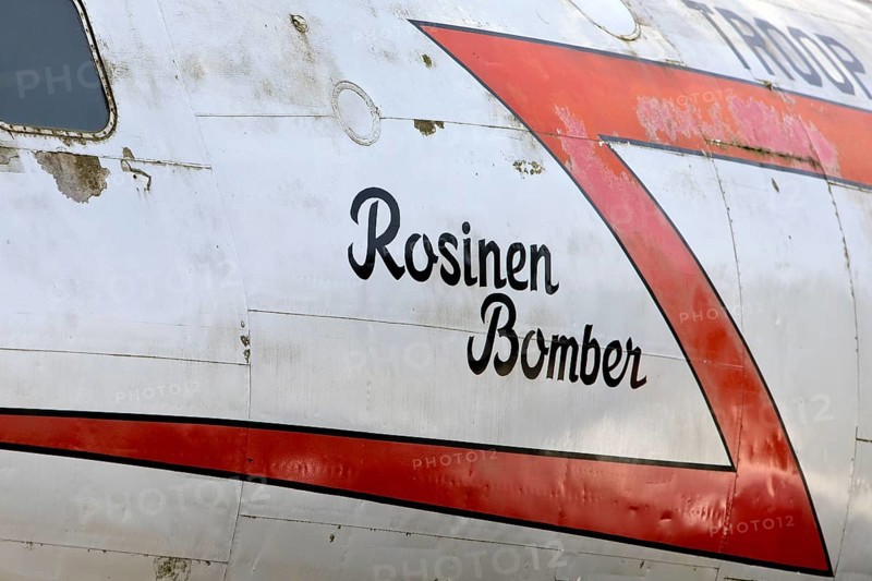 Inscription Raisin Bomber on a Douglas DC-4 C-54 aircraft at the Airlift Memorial, Frankfurt am Main, Hesse, Germany, Europe